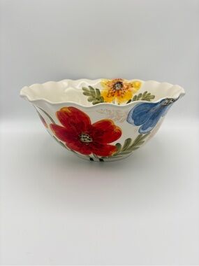 MAXCERA "Colorful Poppy Garden" XL 12 Inch Serving Bowl Scalloped Edges